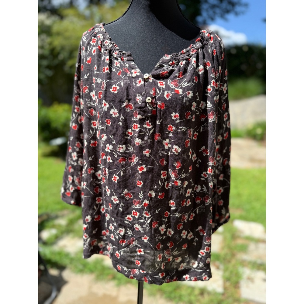 Fat Face Floral Peasant Blouse Black Red 100% Viscose Henley Top US 8/ UK 12
